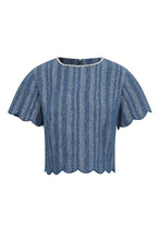 Load image into Gallery viewer, Denim and Diamond Crewneck Scallop Top
